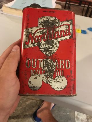 Vintage Northland Iowa Outboard Motor Oil Can Great Graphics Rare Flat Quart