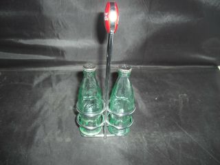 Coca - Cola Green Glass Salt & Pepper Shakers With Rack