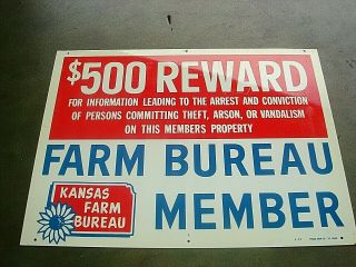 Vintage Advertisng Kansas Farm Bureau $500 Reward Metal Sign 1972