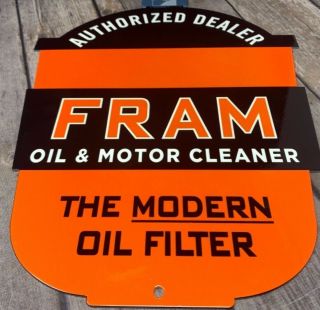 Vintage Fram Oil Filter Die - Cut Shaped Metal Dealer Sign Car Engine Mechanic