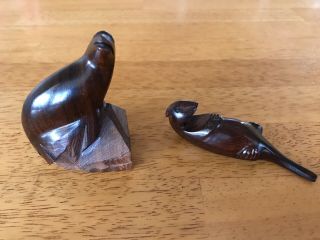 Hand Carved Solid Wood Seal And Sea Otter Art Figurines.  Set Of 2.
