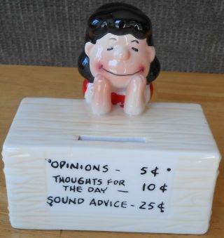Peanuts Lucy Advice Opinion Booth Ceramic Bank W/ Stopper Vintage 1966