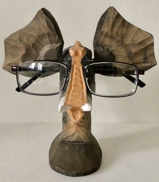 Vintage Hand Carved Stained Wood Large Ear Elephant Eyeglass Eye Glasses Holder