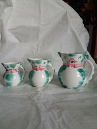 Vintage Set Of 3 Kitty Cat Pitcher/creamers Pink Bow/green Dots Japan Holt