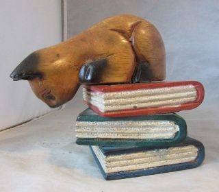Carved Wood Cat On Book Stack Bookend
