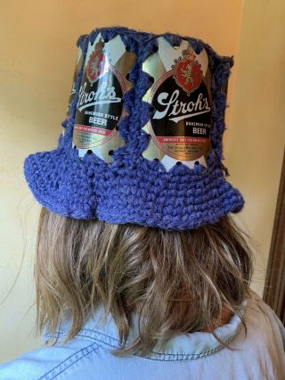 Vintage 70s Stroh’s Beer Can Floppy Hat Crochet Knit Retro Handmade Hipster