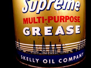 large vintage SKELLY SUPREME GREASE empty metal can with bail - Oil Wells 2