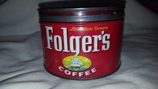 1950s Metal Red Round Folger’s Coffee Can with Lid Vintage 3