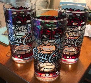 Coca Cola Glass - - Tiffany - Style,  Stained Glass,  12oz - - Vintage - - - Set Of Three