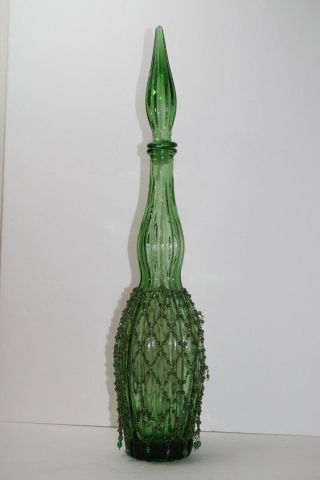 Green Glass Genie Bottle Stopper Barware Decanter Ribbed Beaded 21.  75 " H Vintage