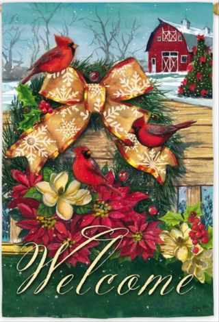 Large Evergreen Welcome Flag Cardinals Wreath On A Fence & Red Barn 29 X 43