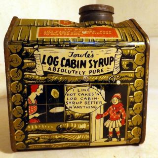 Vtg C1930s Log Cabin Syrup Tin W Cartoon Graphics & Orig Cap