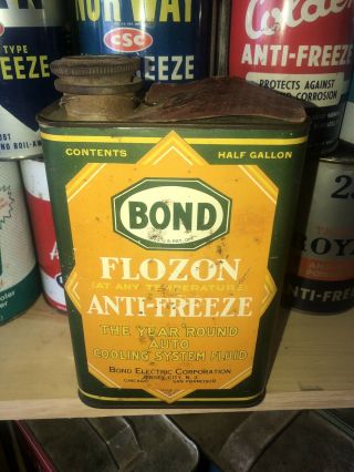 Rare 1/2 Gallon.  Bond Flozon Antique Antifreeze Can.  Early 1930’s.  Oil,  Gas,  Old