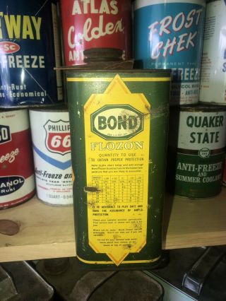 RARE 1/2 Gallon.  BOND FLOZON Antique Antifreeze Can.  Early 1930’s.  Oil,  gas,  old 6
