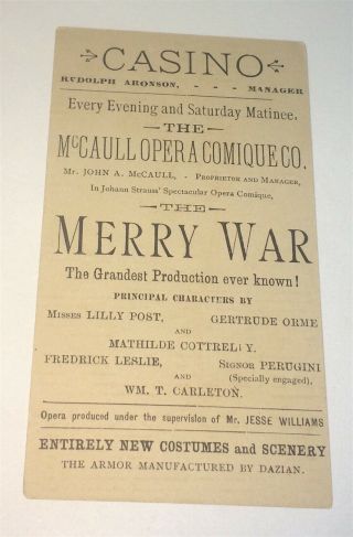 Rare Antique American Casino Theater Merry War Advertising Trade Card Famous