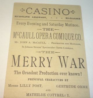 Rare Antique American Casino Theater Merry War Advertising Trade Card Famous 2