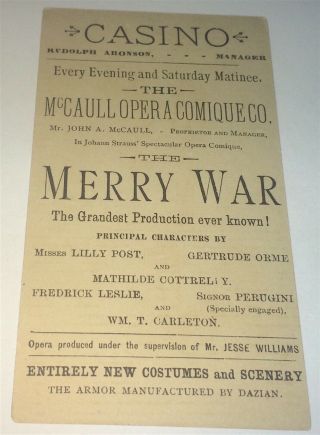 Rare Antique American Casino Theater Merry War Advertising Trade Card Famous 3