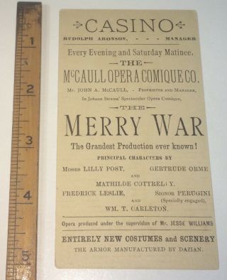 Rare Antique American Casino Theater Merry War Advertising Trade Card Famous 4
