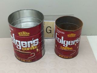 2 - Folgers Coffee Tin Cans - Regular Grind Empty Mountain Grown