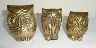Vintage Brass Owl Paperweights Set Of 3 Graduated Mid Century Modern