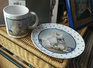 Vintage 1989 Vandor Lowell Herrero 7.  75 " Cat Plate And Mug Cat With Kitty & Bear