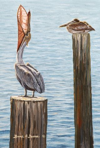 Large Toland Flag Pelican Pillars 28 X 40 - Pelicans At Pier