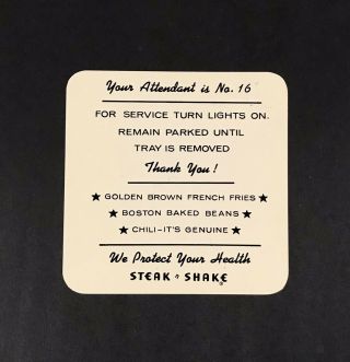 ‘50s Steak N Shake Car Hop Card Steakburgers For Service Turn Lights On