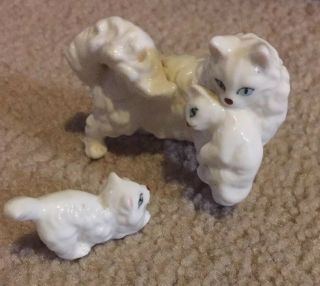 Vintage Miniature Cat Figurines Mom And Kittens White Porcelain Cats