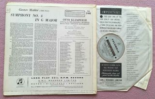 SCHWARZKOPF & KLEMPERER Mahler No.  4 ORIG Columbia B/S SAX 2441 UK - 1962 LP EX, 2