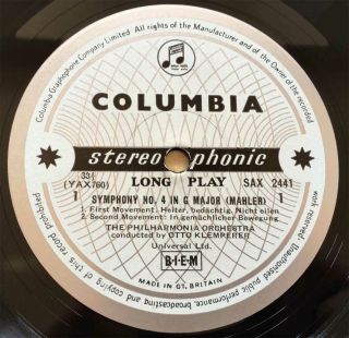SCHWARZKOPF & KLEMPERER Mahler No.  4 ORIG Columbia B/S SAX 2441 UK - 1962 LP EX, 5