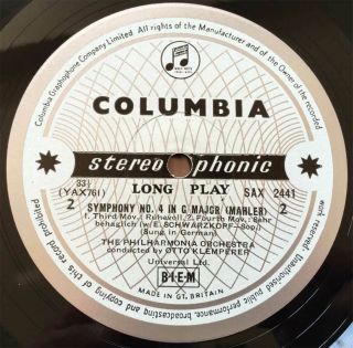 SCHWARZKOPF & KLEMPERER Mahler No.  4 ORIG Columbia B/S SAX 2441 UK - 1962 LP EX, 6