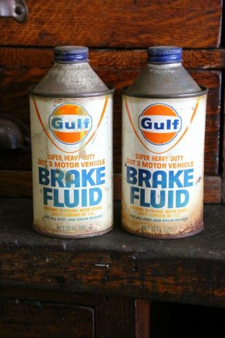 Vintage Metal 12oz Gulf Brake Fluid Oil Can Cone Top Old Gas Station Advertising