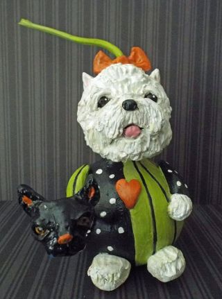Charming Folk Art West Highland White Halloween Gourd Dog Black Cat Bucket