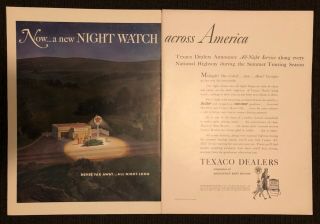 Vintage 1940 Texaco Print Ad - Double Page - All Night Service - Gas Station