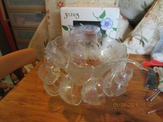 Studio Glass Punch Bowl Set - 27 Piece Vintage Glass Punch Bowl & 12 Punch Cups