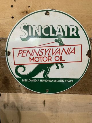 Vintage Sinclair Gasoline Porcelain Sign,  Gas Station Pump Plate,  Dino Motor Oil