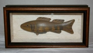 Hand Carved Trout Sculpture By In Prints Mounted In Deep 3 " Wall Frame 12 " X 6 "