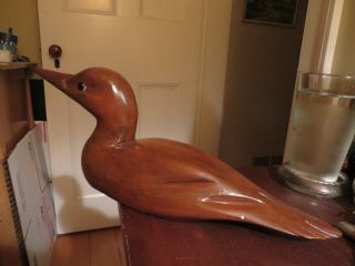 Large Vintage Wood Carved Folk Art Duck Loon Bird Glass Eyes