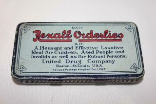 Vintage 1924 Rexall Orderlies Advertising Laxative Medicine Litho Tin Empty