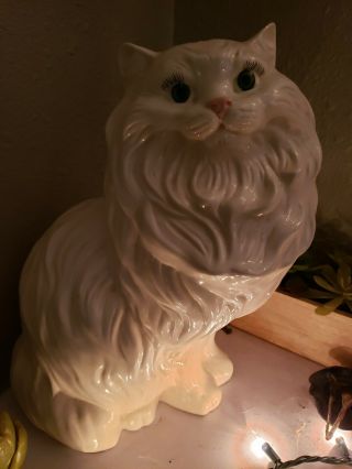Vintage Large White Ceramic Persian Cat Figure Statue 14“ 1980s Green Eyes