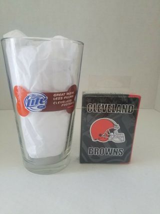 Cleveland Browns Football Dog Bone Miller Lite Beer Pint Drinking Glass & Cards