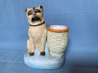 Antique Porcelain Bisque Pug Dog With Basket Figurine