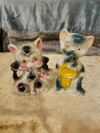 2 Vintage 1950s Made In Japan Porcelaine Figurines Whimsical Cats