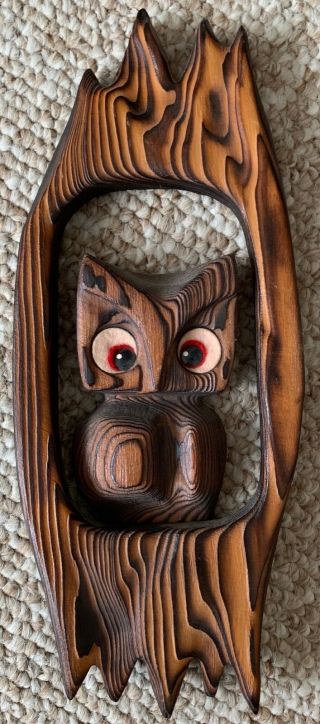 Vintage 60s 70s Carved Wood Cryptomeria Owl Wall Hanging Kitsch Mid Century