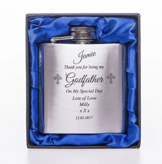 Personalised Godfather 3oz Stainless Steel Hip Flask In Blue Silk Gift Box