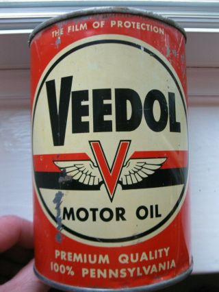 Vintage Veedol Rare Motor Oil Quart Can Metal Solder Seam Old Flying A