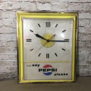 Vintage Say Pepsi Please Clock Running Yellow Cola Soda Pop 15” X 13”