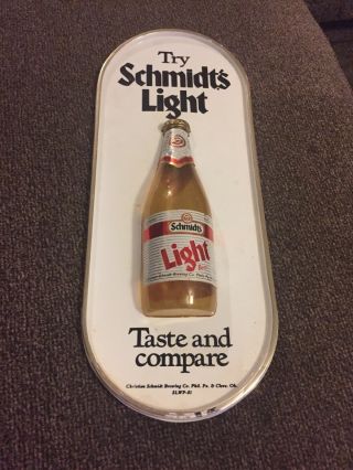 Vtg Plastic Sign Try Schmidts Light Bottle Beer Christian Schmidt Brewing Co