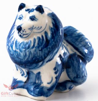 Porcelain German Or Japanese Spitz Dog Figurine Souvenir Gzhel Colors Handmade
