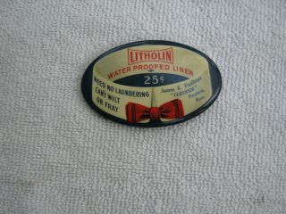 Antique Celluloid Advertising Litholin Linen Bow Tie Clothing Pocket Mirror
